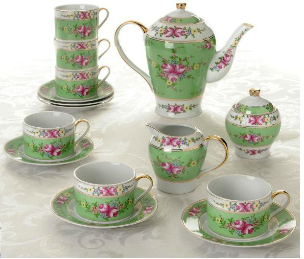 SORELLE Porcelain China Green Mint Garden Pattern Tea Set 17Piece