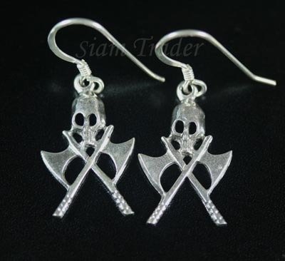 Sterling Silver Skull & Crosses Axes Dangling Earrings AESS589