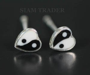 Sterling Silver Yin & Yang Heart - Bone & Onyx Stud Earrings AESS1949