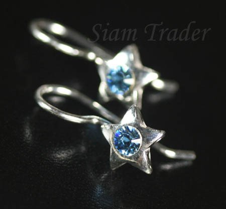 Sterling Silver Star w/ Swarovski Aquamarine Crystal Earrings YSS56