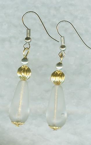 Frosted Glass Drops and Gold Fluted beads Earrings