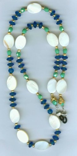 Creamy Mother of Pearl oval with Pacific Blue Saucer Glass Chain
