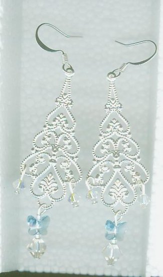 Silver Filigree Chandeliers with Light Sapphire Swarovski Butterflies
