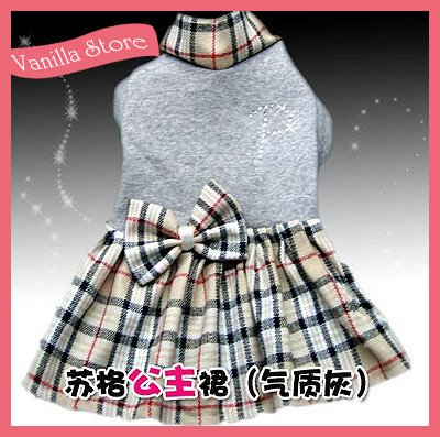 Cutie Checks Style Grey Color Dog Dress Clothes Apparel
