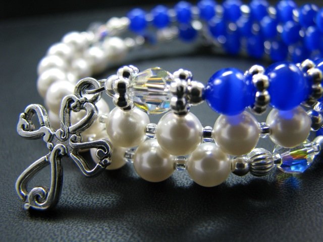 Rosary for the Wrist Blue Tiger Eye and Swarovski Pearl