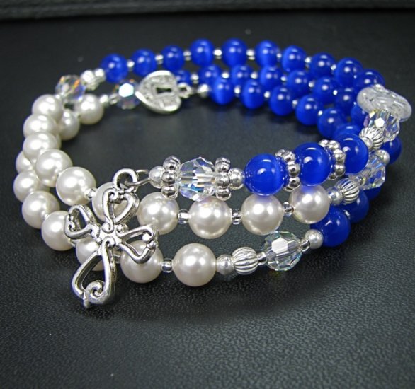 Rosary for the Wrist Blue Tiger Eye and Swarovski Pearl
