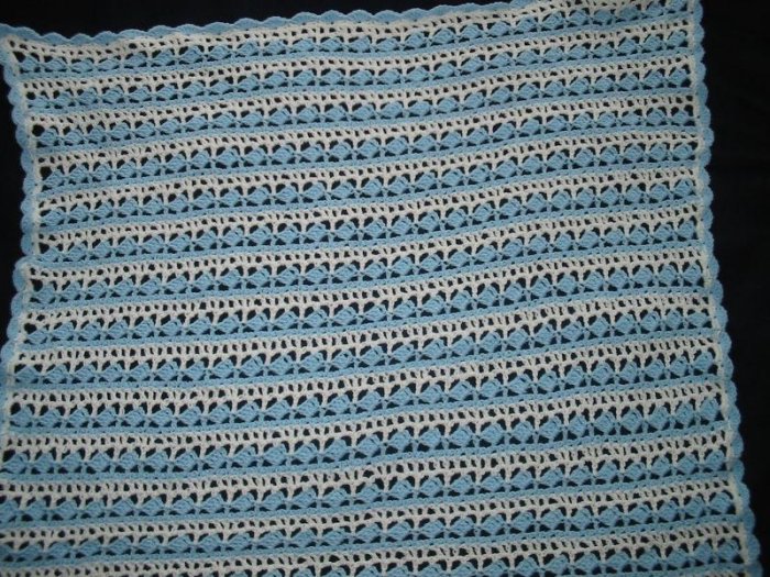 New Handmade Slanted Shell Baby Afghan, Blue & White, 46 x 50 in., 100% Acrylic, Machine wash