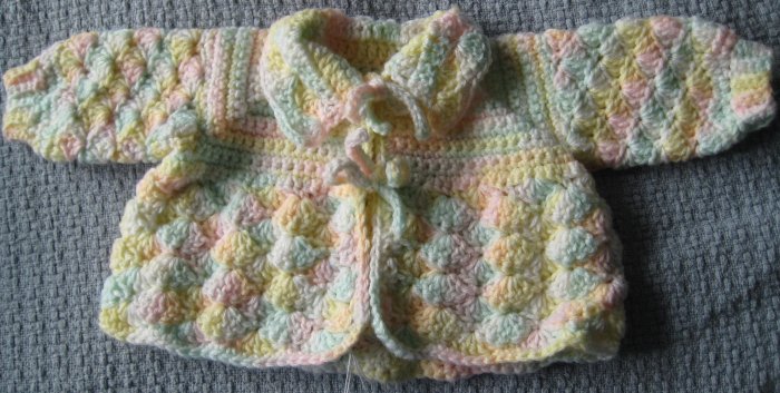 New Hand Crocheted Baby Sweater - White/yellow/green/pink pastels (Item # IS0002) - approx. 3 months