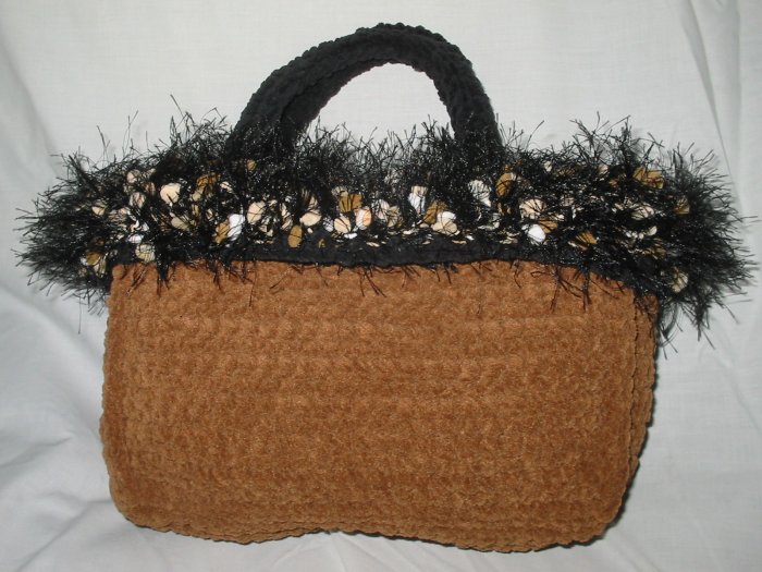 Hand Crocheted Suede Look Evening Tote - Mocha with Fancy Fur Trim (item # BP0004)