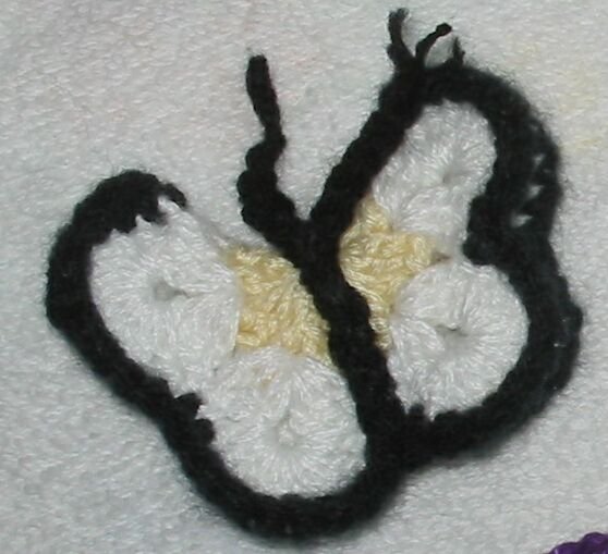 Hand Crocheted Butterfly Pin - White, Yellow & Black (item # JP0009) approximately 2 1/2 inches
