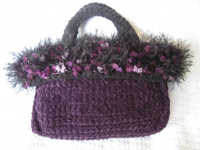 Hand Crocheted Suede Look Evening Tote - Eggplant with Fancy Fur Trim (item # BP0005)