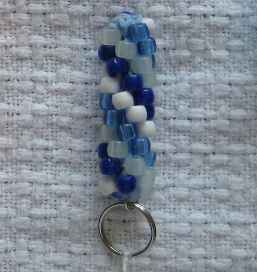 Hand Crocheted Pony Bead Keychain (item # JK0006) - Blue, white and glow-in-the-dark