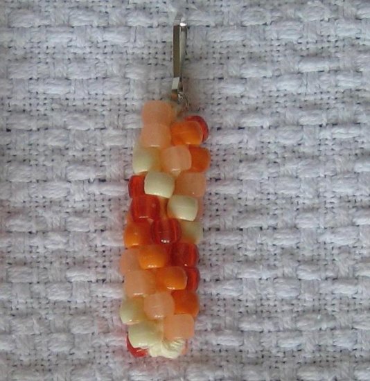 Hand Crocheted Pony Bead Zipper Pull (item # JZ0003) - Shades of orange and cream - glow-in-the-dark