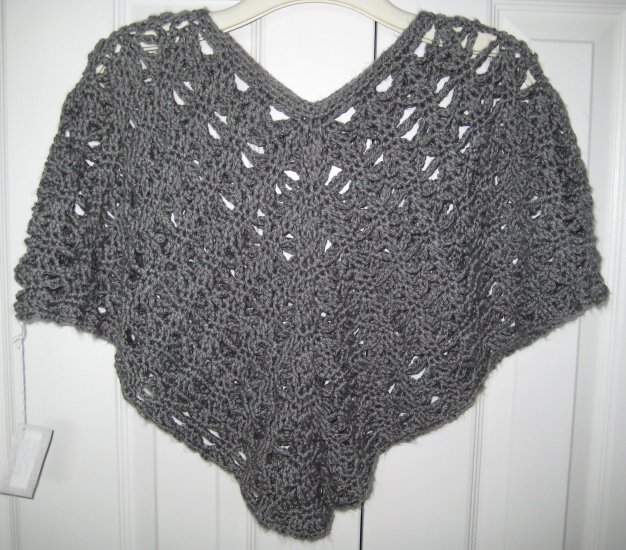 New Hand Crocheted Poncho - Heather Gray - Adult Small (item # PL0005) 100% Acrylic, Machine wash