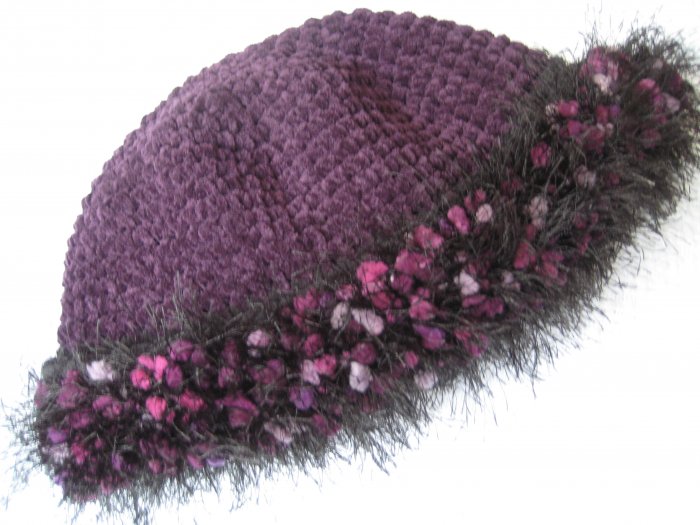 Hand Crocheted Suede Look Hat - Eggplant with Fancy Fur Trim (item # SH0006) - Adult Average