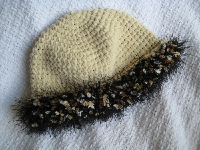 Hand Crocheted Suede Look Hat - Ecru with Fancy Fur Trim (item # SH0011) - Adult Average