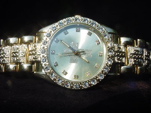 Paved Cross-Gold Background Watch
