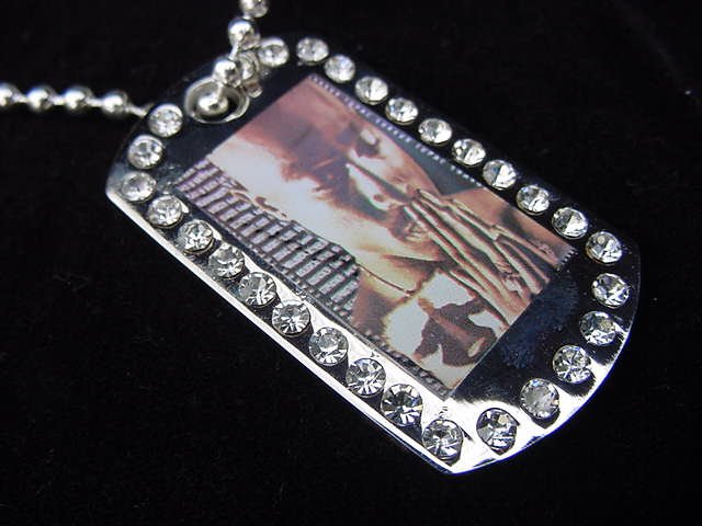 Iced out Tupac dog tag pendant with 36 inch chain