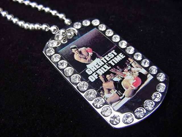 Iced out Mohammed Ali dog tag pendant with 36 inch chain