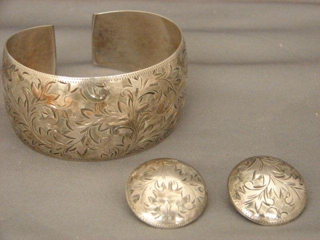 Wide Engraved Sterling Silver Cuff Bracelet & Matching Earrings