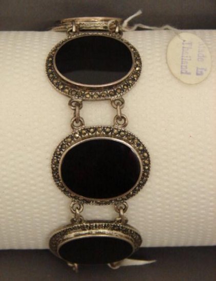 Silver Onyx and Marcasite Link Bracelet