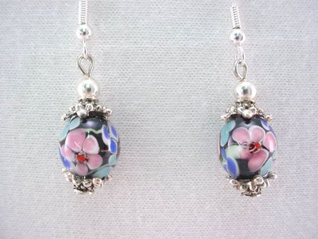 Floral Art Glass Bead and silver earrings