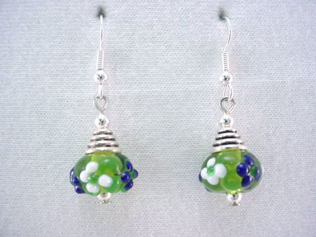Green art glass bead and silver earrings