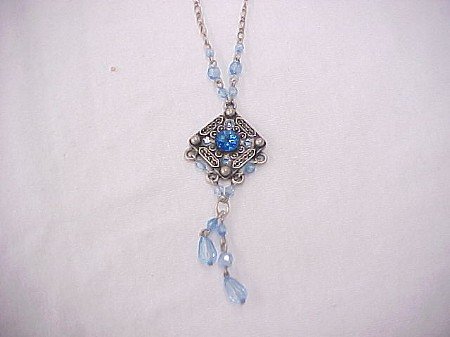 Diamond shaped pendant with blue beaded dangle necklace