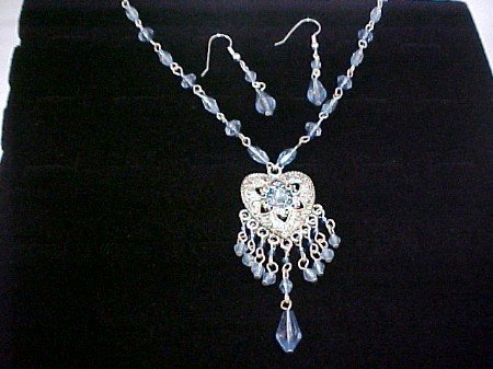 Blue bead,silver heart concho necklace and earrings set