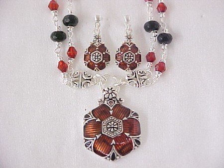 Brown and amber Floral enamelled necklace and earrings set