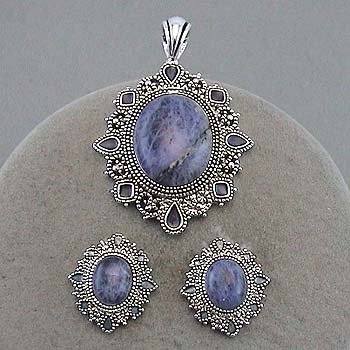 Marcasite, rhinestone pendant and earring set. Lapis type stones