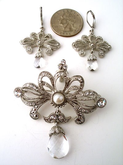 Rhodium,marcasite,rhinestone drop pendant and earring set