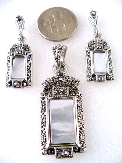 Elegant,rectangular,marcasite,mother of pearl pendant set