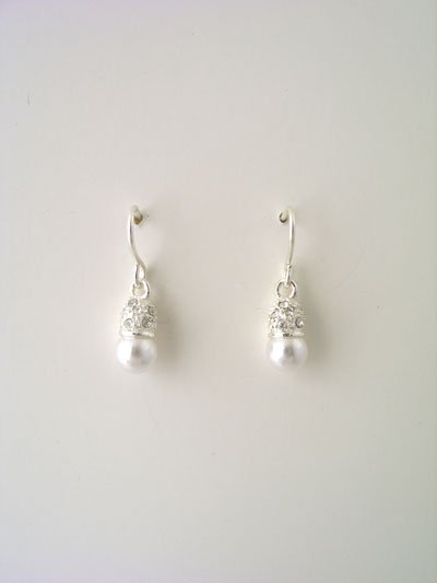 Silver rhinestoned capped faux pearl earrings