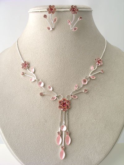 Pink Austrian Crystal Floral Leaf Drop Necklace, Earring Set