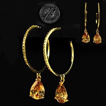 Huge Goldtone, Crystal Hoops with CZ teardrop stone