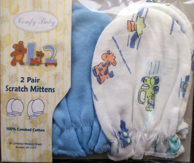 *Comfy Baby* 2 pairs - Infant Scratch Mittens - Blue/White