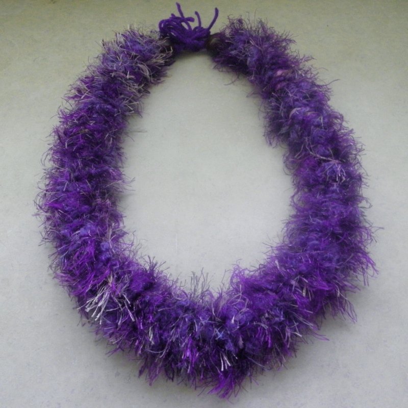 Hawaiian lei crochet w/ purple ivory eyelash yarn ribbon