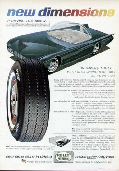 1965 Kelly Tire Print Ad-Futuristic Car Bubble Top Uni Steer