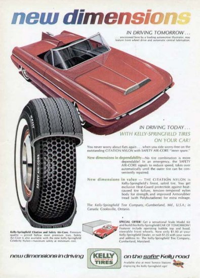 1965 Kelly Tire Print Ad-Futuristic Car Red Convertible