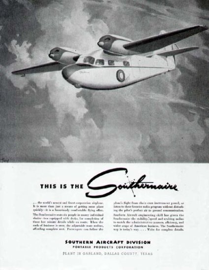 1946 Southern Aircraft Print Ad-Garland Texas Made Airplane