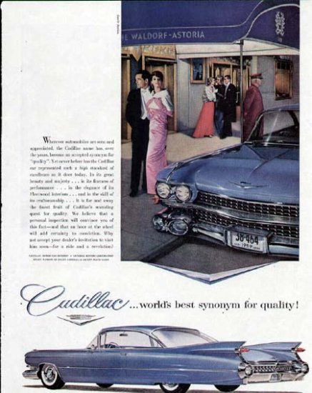 1959 Cadillac at Waldorf-Astoria Hotel Print Ad-Blue Fins