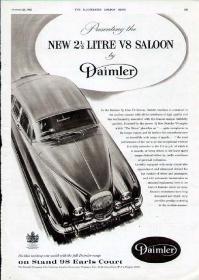 1962 Daimler 2 1/2 Litre V8 Saloon Vintage Car Print Ad