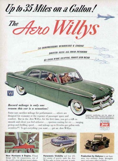 1952 Aero Willys Vintage Car Print Ad-Hurricane 6 Engine