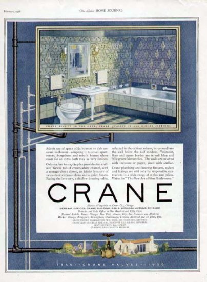 1926 Crane Bathroom Plumbing Print Ad-Blue 1920's Design