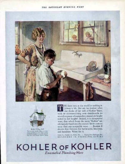 1925 Kohler Kitchen Sink Print Ad-Boy Dries Dishes