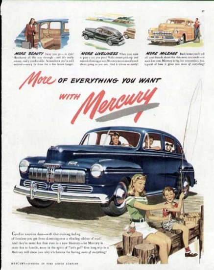 1947 Mercury Vintage Print Ad-Blue Color Fishing Theme
