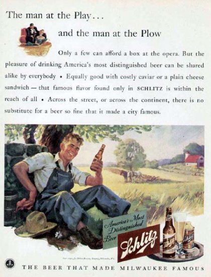 1941 Schlitz Beer Print Ad-Farming Plowing Wheat Field Farmer