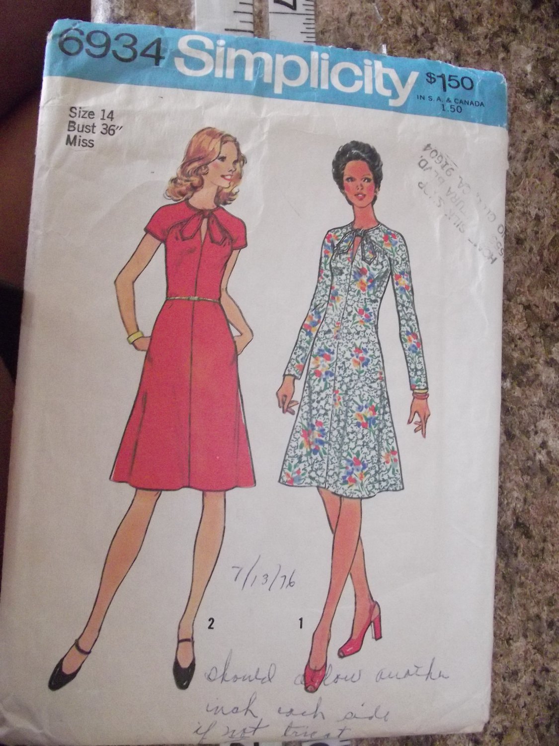 Vintage Simplicity Pattern 6934 sz 14 year 1975