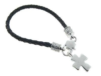Genuine Braided Black Leather Bracelet with Cross Charm BR02